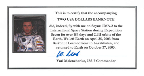  # fb313            USA $2 banknote flown on Soyuz TMA-2/ISS-7 2